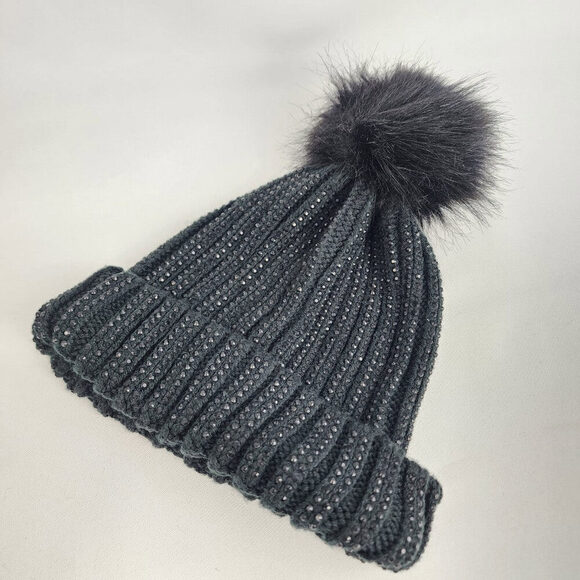 Black Knit Rhinestone Studded Fur Pom Pom Toque - Picture 6 of 8
